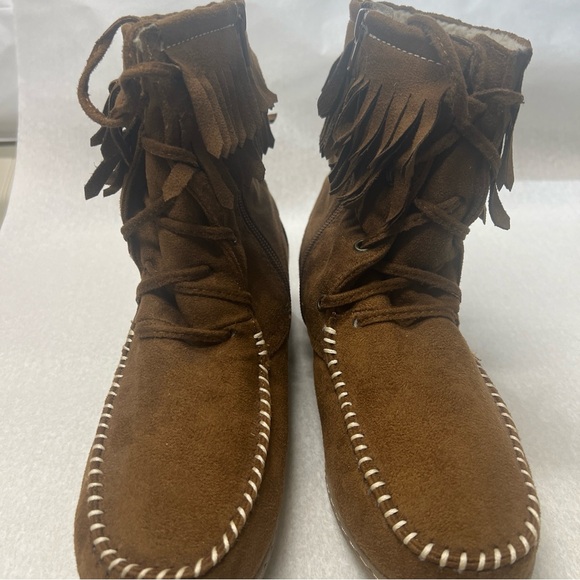 New Altar'd State Brown Suede Fringe Round Toe Side Zipper Flat  Boots Size 8 - Picture 1 of 7